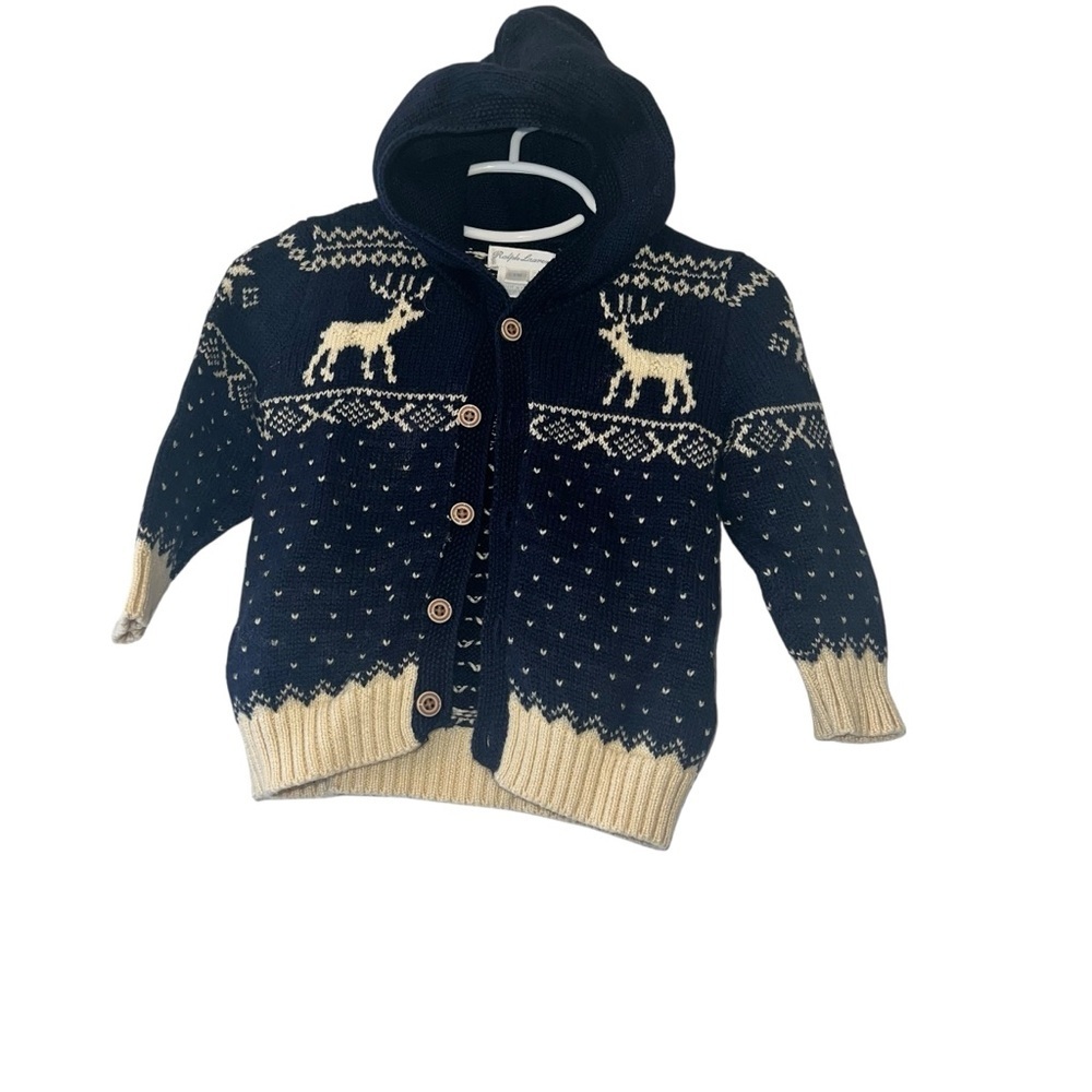 Ralph Lauren Navy Blue cream fair isle hooded cardigan sweater sz 12m wool blend